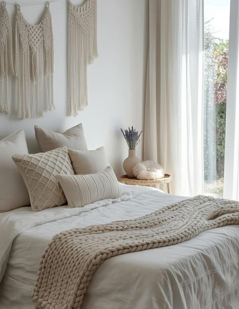 budget-friendly grey boho bedroom with chunky knit blanket