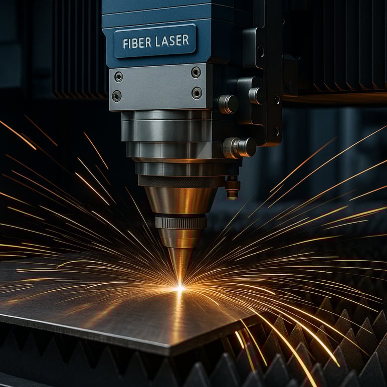 High-power fiber laser cutting through stainless steel.