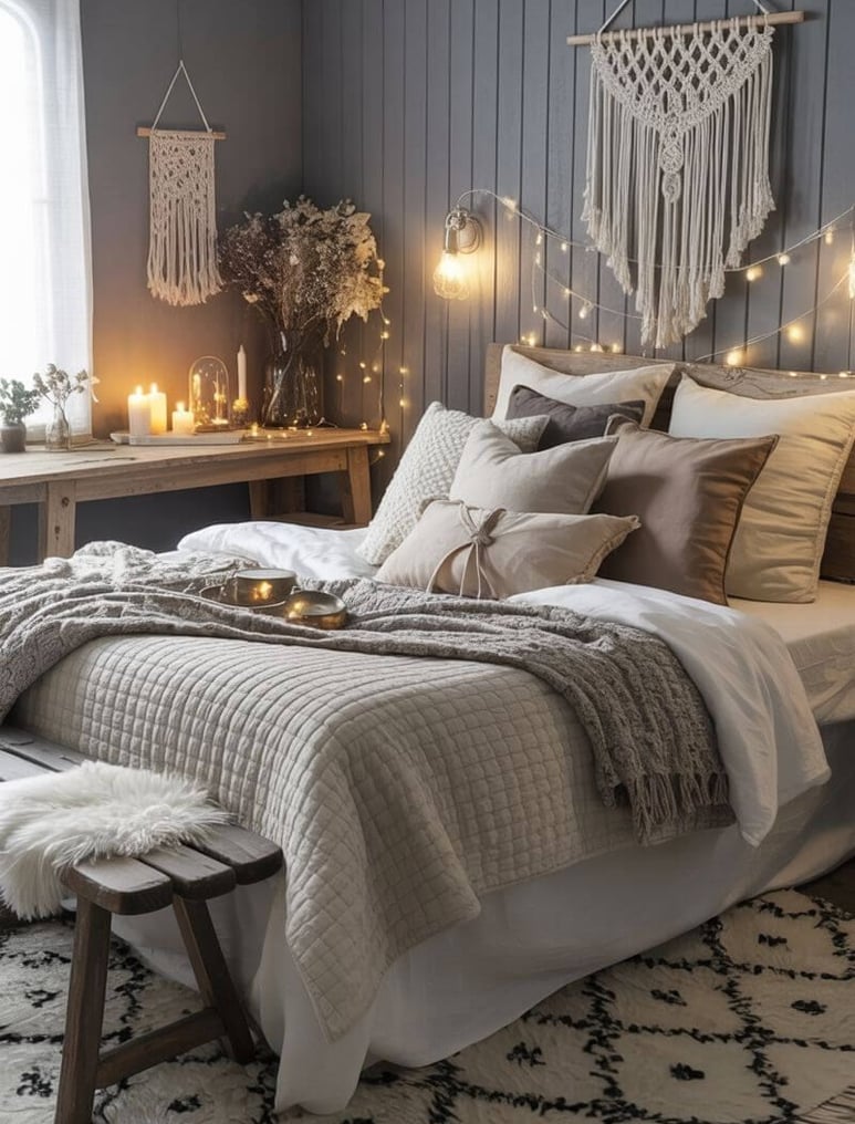 boho bedroom with string lights