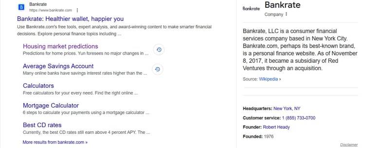 Google search results for Bankrate, highlighting the importance of brand building in SEO for entity-based searches