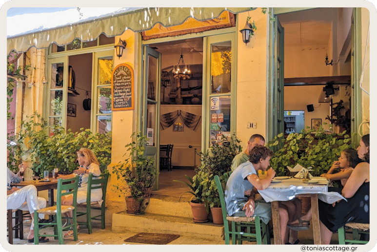 Colorful entrance of an Archanes restaurant, offering traditional Cretan cuisine