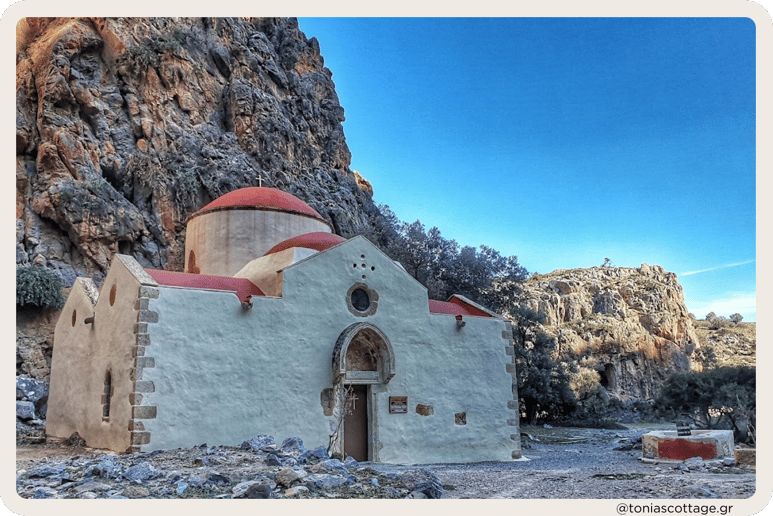 The old church of Agios Antonios in the gorge of Agiofarago near the beach, Crete, Greece