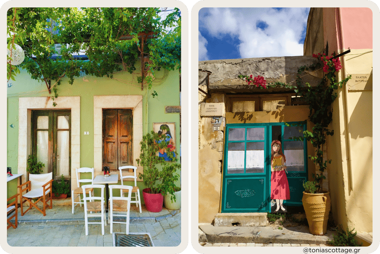 Vibrant street painting on the old stone streets of Archanes, showcasing the village's charm