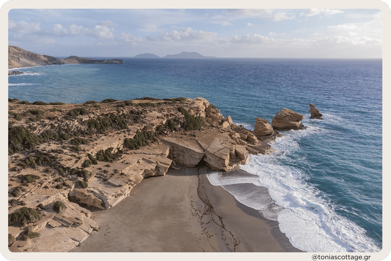 View of Triopetra Beach, Crete, Greece, showcasing its stunning rock formations and serene coastline