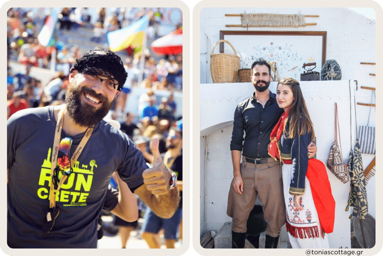 Crete Half Marathon participant smiling, and a couple in traditional Cretan costumes