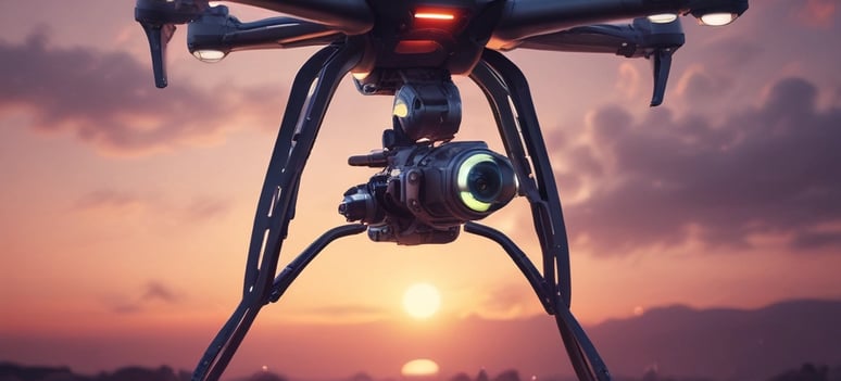 A white quadcopter drone equipped with a camera hovers in front of a blurred background of lush green foliage. The drone is captured in mid-flight, with its propellers creating a slight motion blur.