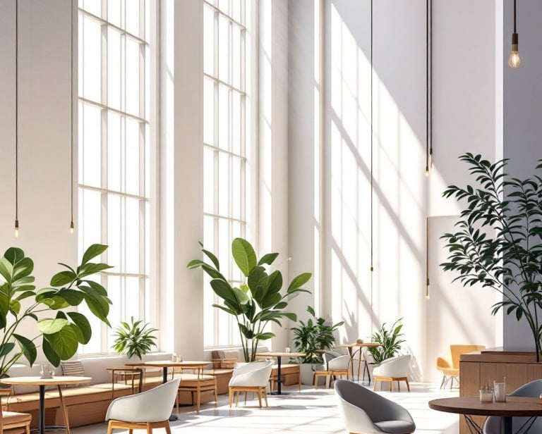 A white and bright coffee lounge with floor to ceiling windows surrounded by green plants & sunlight