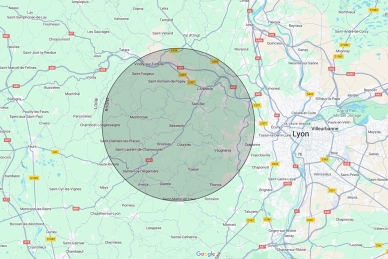 Délimitation la zone desservie par "DM Paysagiste" sur une carte Google.