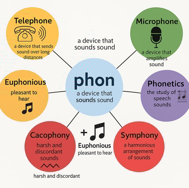 Chart of 'Phon' root word from Word Power Made Easy showing vocabulary