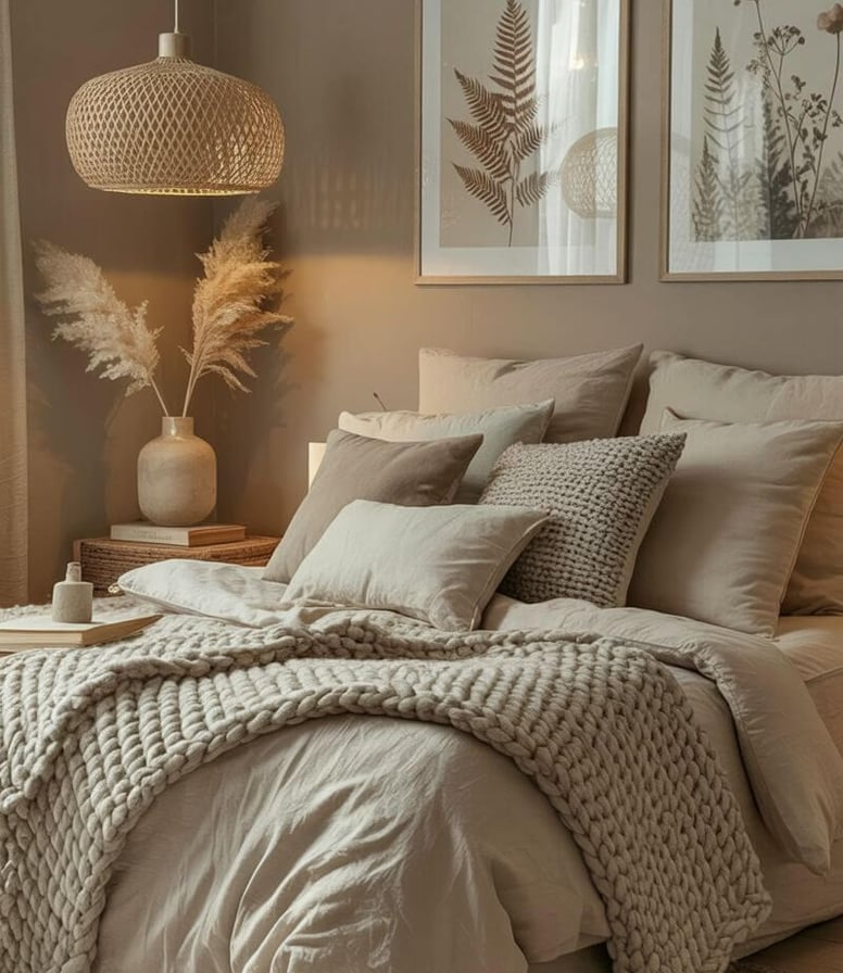 neutral boho bedroom with pampas grass