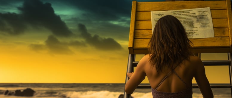 a woman standing on a beach reading a signage