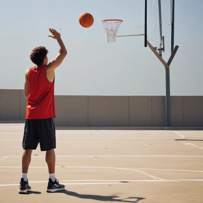 A basketball player in a red jersey and black shorts is practicing dribbling on an indoor court. The player is focused, holding two basketballs, with a basketball hoop and court lines visible in the background.