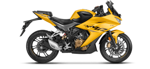 a yellow motorcycle parked on a black background