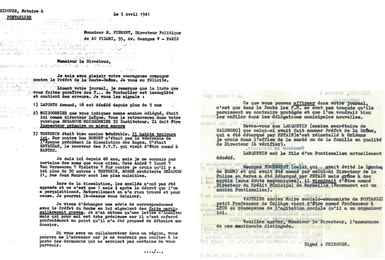 Lettre de dénonciation 5 avril 1941