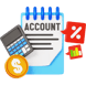 "Icon representing commerce tuition availability with a calculator and a finance book."