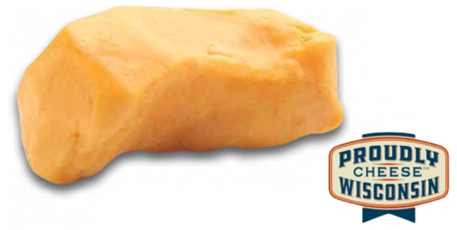 An enlarged cheese curd and the Wisconsin Cheese Logo