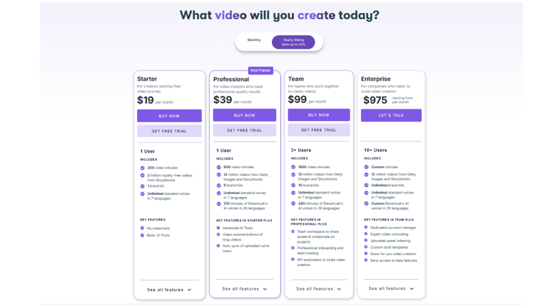 Pricing plan for Pictory AI from Starter, professional, team to enterprise
