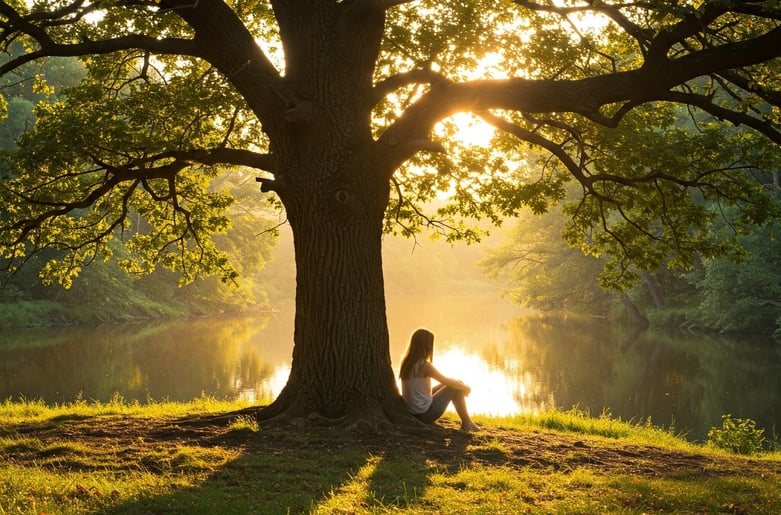 Un sereno paisaje natural durante la hora dorada, con una persona sentada bajo un árbol