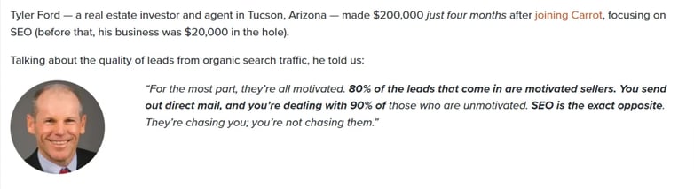 Testimonial from Tyler Ford, a real estate investor using a Carrot website, talking about the importance of SEO for lead gene