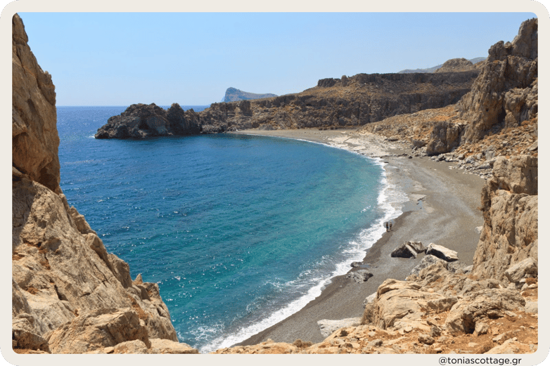 View from above Trafoulas Beach, Crete, showcasing its blend of sandy and rocky shores