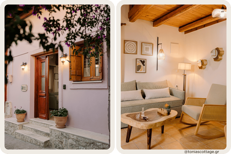 Charming holiday home rental in Alagni Village, Crete, with a stylish interior, welcoming entrance