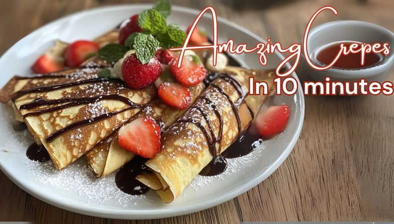 Crepes with strawberries and chocolate syrup