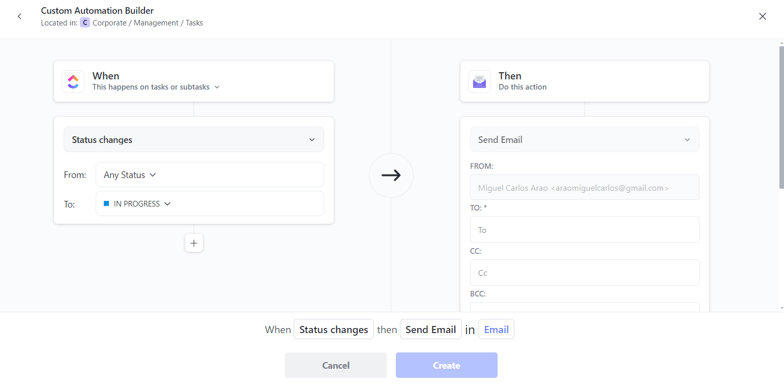 ClickUp Automation Status & Email Example