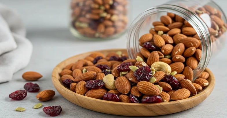 A plate of almonds, cashews, dried cranberries, and pumpkin seeds with a spilled jar in the background.