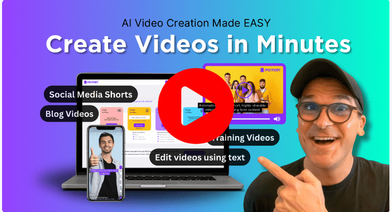 a man with glasses and a laptop computer screen with the words create videos in minutes