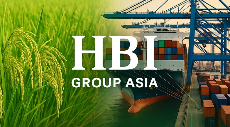 Marketing graphic for HBI Group Asia, showcasing verified exporters, agro trade programs, and smart trade infrastructure.