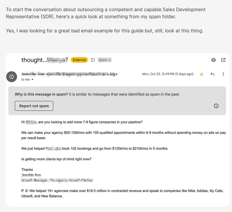 Screenshot of a cold email embedded in the article, A guide to SDR outsourcing: 21 exploratory quest
