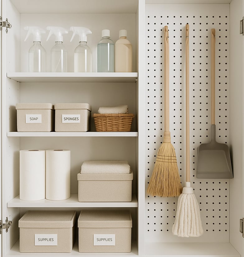 Armario de limpieza bien organizado,productos de limpieza alineados, cajas etiquetadas
