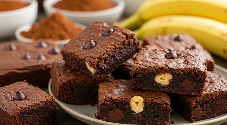 Fudgy brownies with chocolate chips and banana pieces.