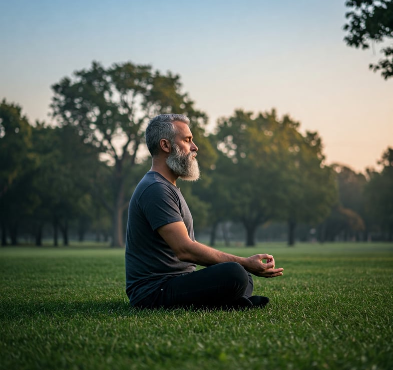 Una persona sentada en posición de meditación en un parque al amanecer, respirando profundamente,