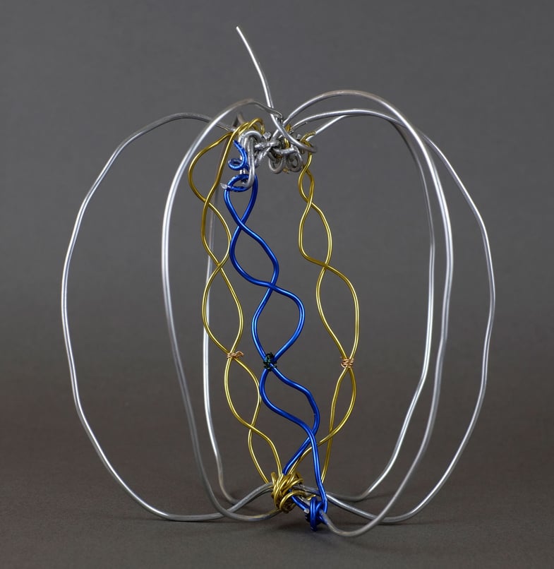 Wire sculpture of an apple revealing DNA strands inside