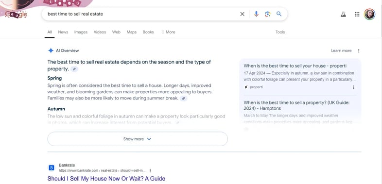 Screenshot of Google search results for best time to sell real estate, highlighting the impact of AI Overviews on organic sea