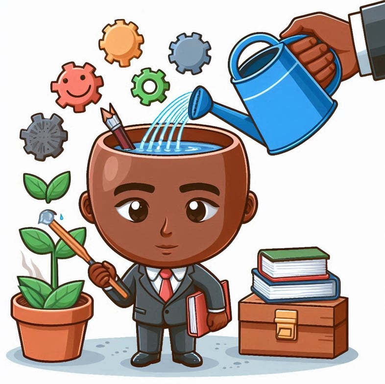 a brown skinned cartoon head with professional development objects being watered with a water can