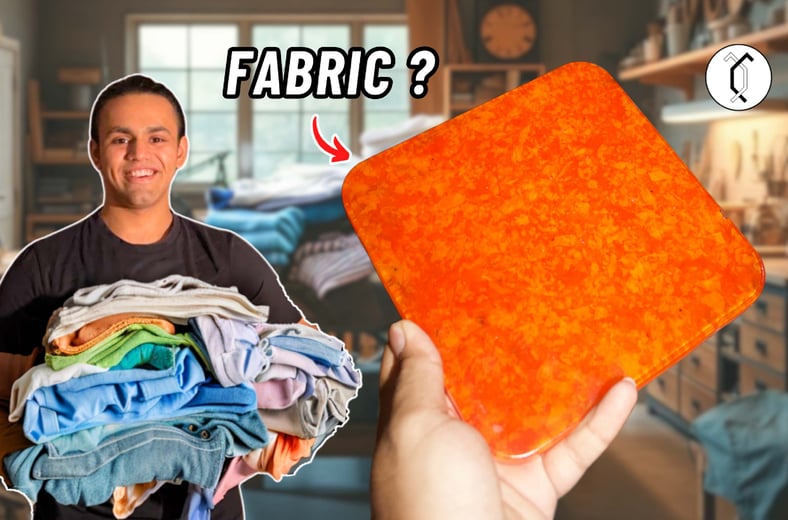 “DIY resin tile made from shredded fabric—eco-friendly upcycling project combining vibrant epoxy art