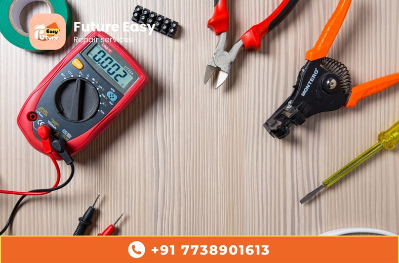 Electrical repair tools on a wooden surface with "Future Easy Repair Services" branding.
