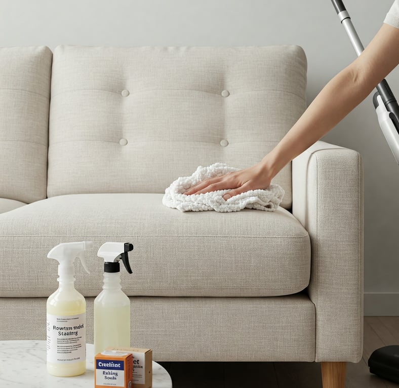 Fotografía de un sofá de tela clara siendo limpiado con un paño de microfibra y spray casero