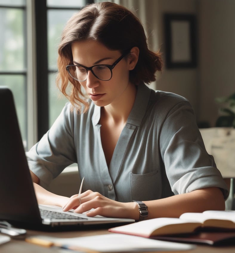 a woman sitting at a desk with a laptop and a notebook