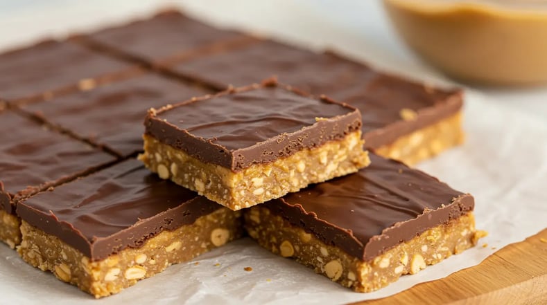 No-bake peanut butter chocolate bars stacked on parchment paper.