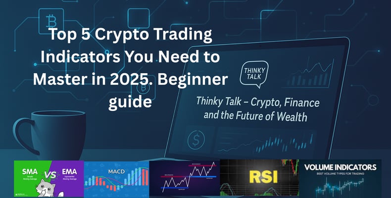 Graphic showcasing top 5 crypto trading indicators for beginners, featuring charts and text "Thinky Talk - Crypto, Finance an