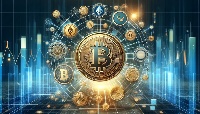 Golden Bitcoin symbol with various cryptocurrency icons on a futuristic digital network background, 