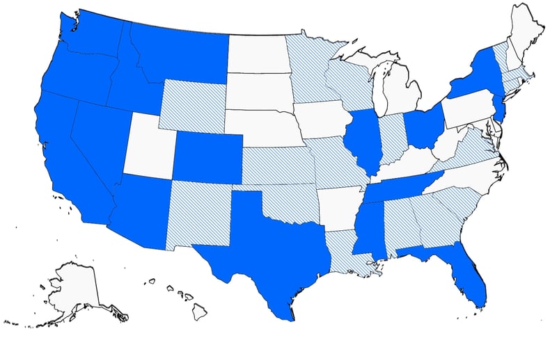 a map of the usa, with the locations Mango can service highlighted in blue
