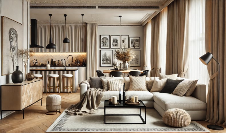 <img src="Uma sala de estar elegante e acolhedora integrada a uma cozinha am