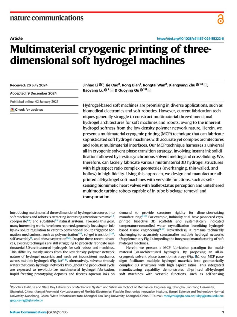 Multimaterial cryogenic printing of three dimensional soft hydrogel machines