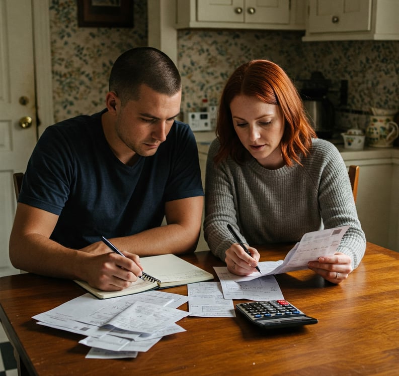 Una pareja revisando facturas en la mesa de la cocina, con una libreta abierta para anotar gastos 