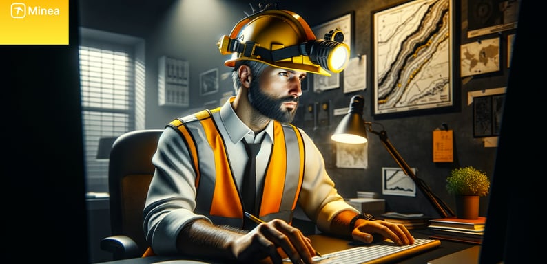 a man in a hard hat and safety vest sitting at a desk