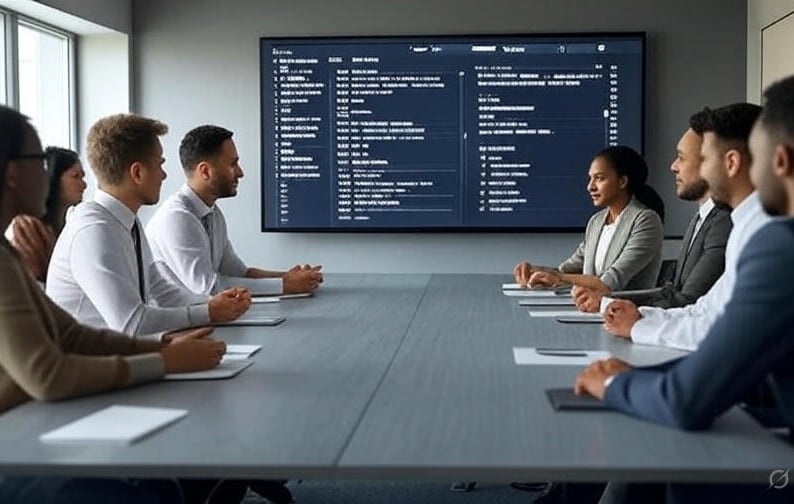 A business team in a meeting room using a large screen with a Notion project tracker showing tasks, 